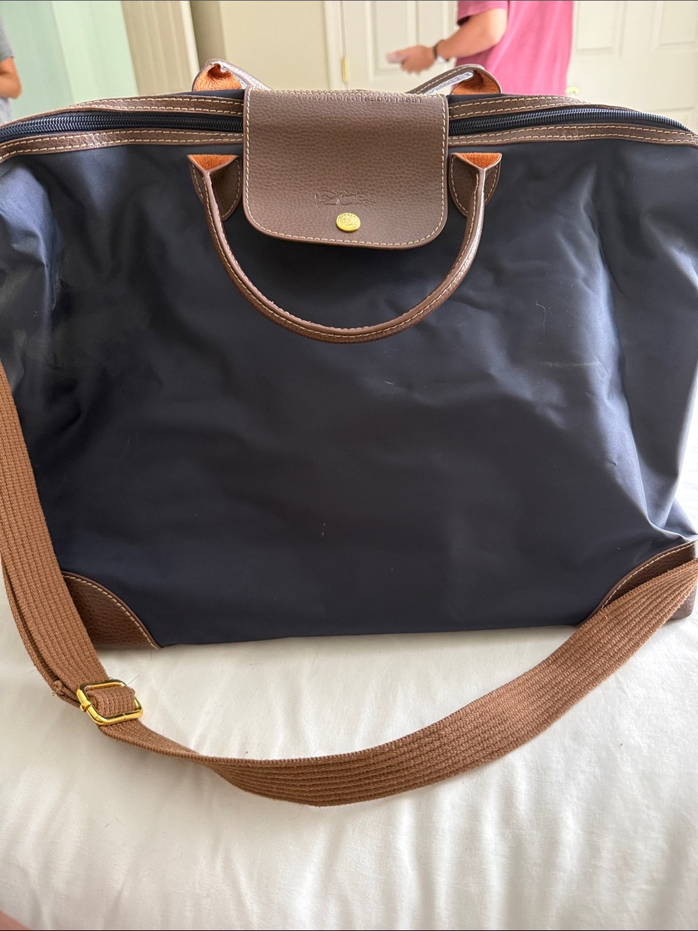 Longchamp Black Nylon Tote with Brown Leather Trim